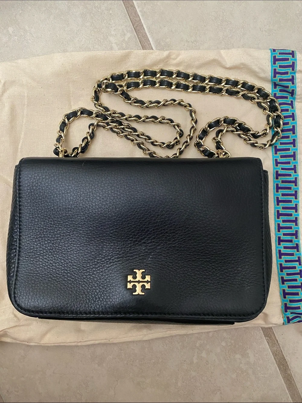 Tory Burch Black Pebbled Leather Chain Crossbody with Gold Logo